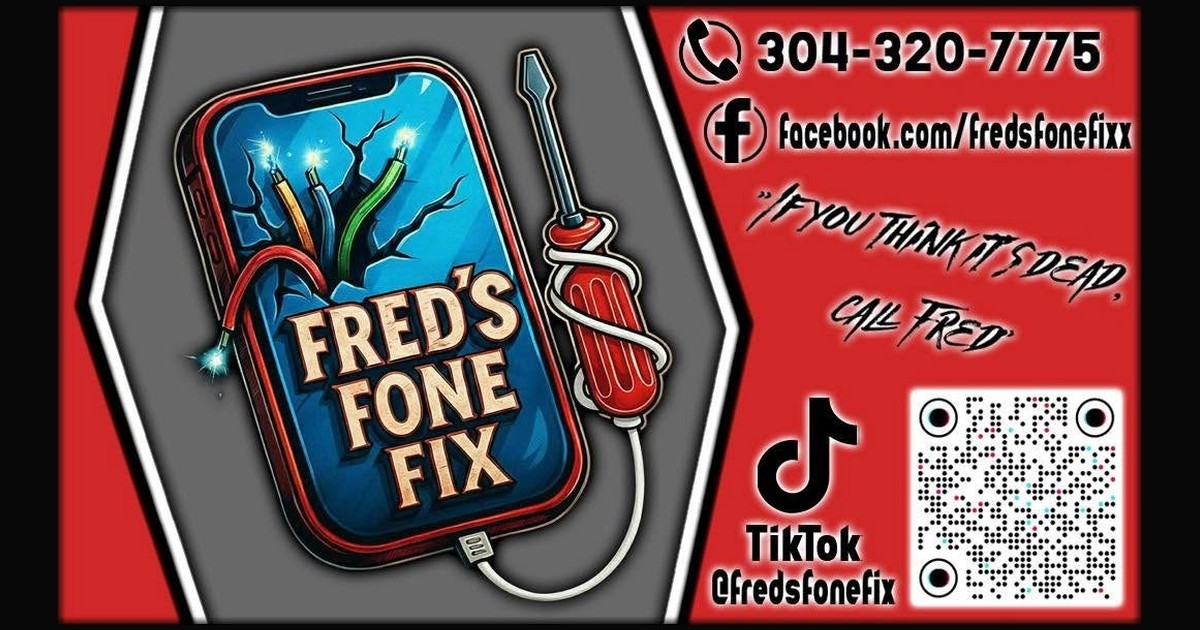 Fred's Fone Fix business card — 304-320-7775