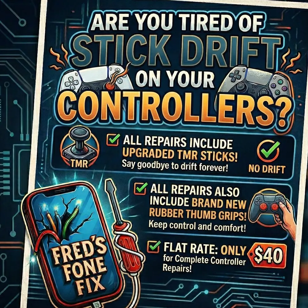 Stick drift repair flyer — upgraded TMR sticks, new thumb grips, flat rate $40